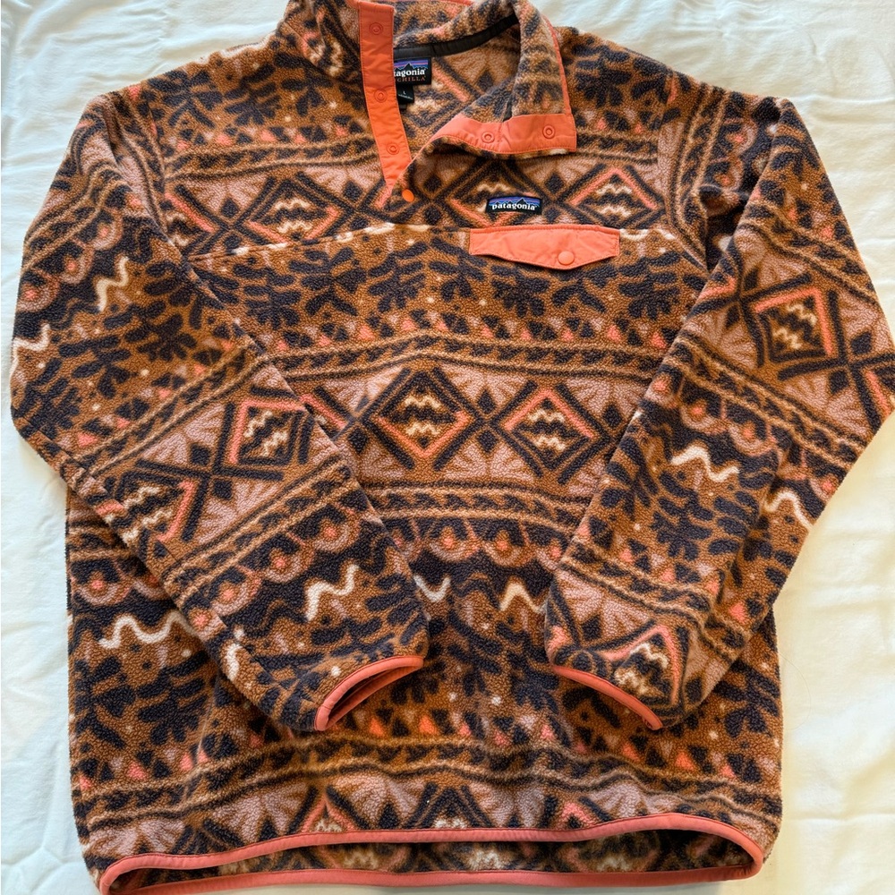 Patagonia Ski Fleece Pullover Jacket in Brown and Orange Aztec Print